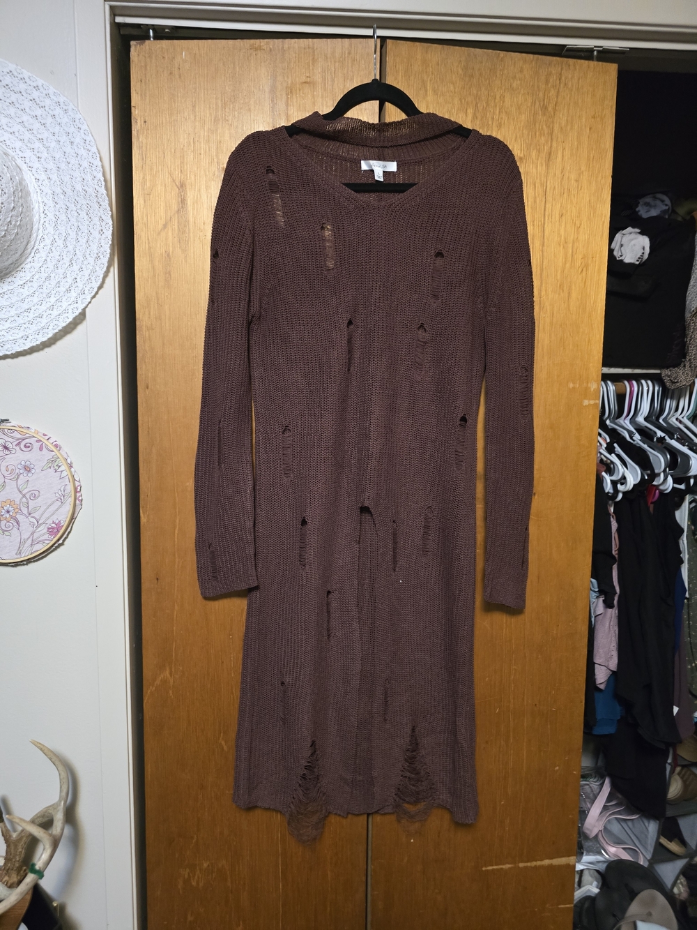 Distressed Long-Sleeve Knit Dress in Maroon